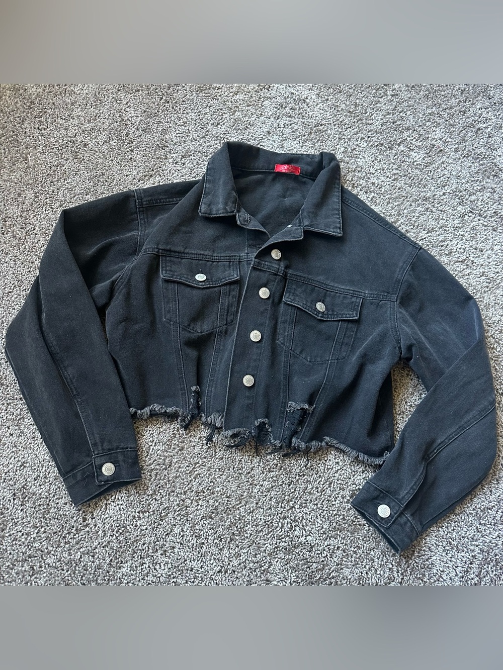 Women's Cropped Distressed Black Denim Jacket
